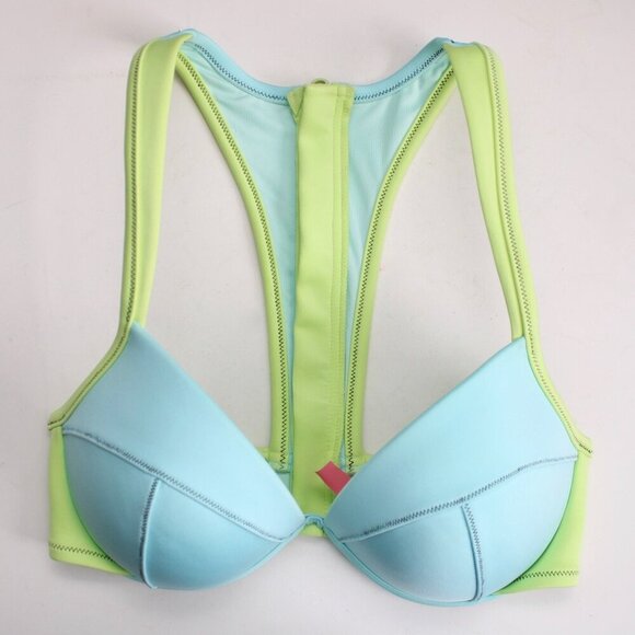Victoria’s Secret Neoprene Blue Green Zipper Racerback Bikini Top Size 34DD - Picture 2 of 8